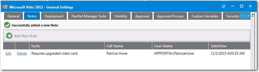 Note Listed on the Notes Tab