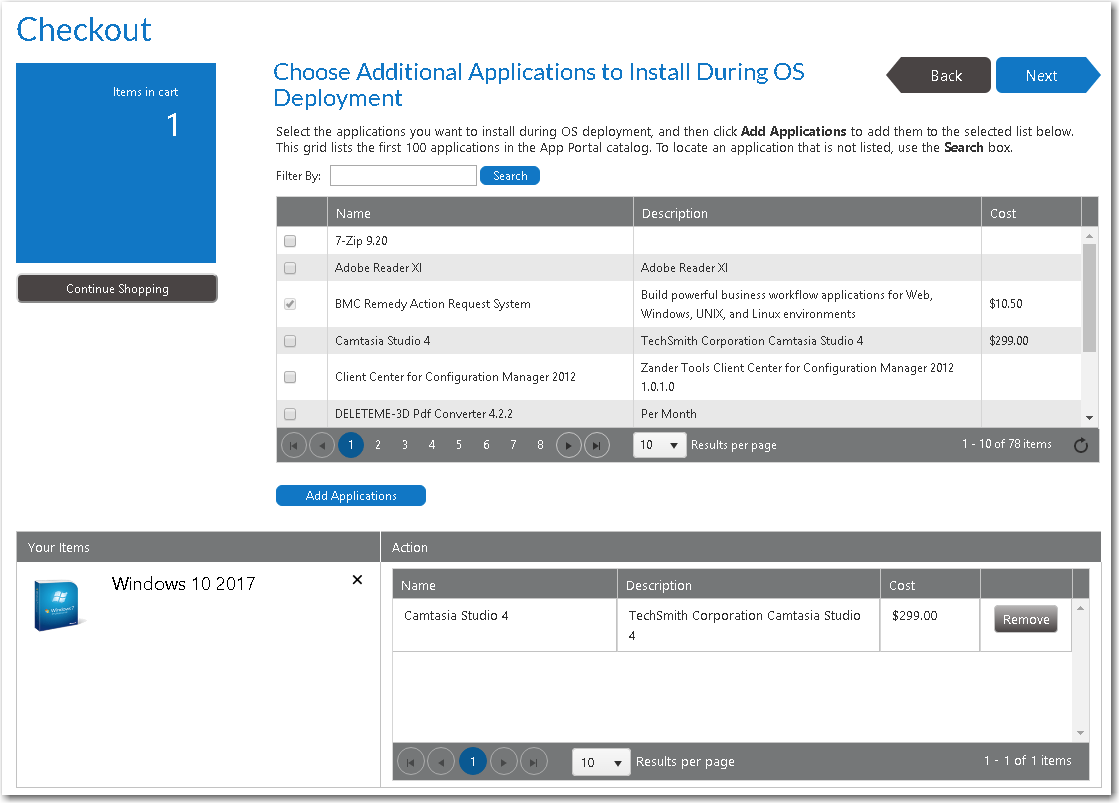 Choose Additional Applications to Install During OS Deployment Panel / Checkout Wizard
